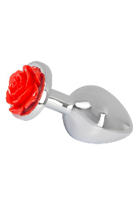 Zilverkleurige aluminium buttplug met rode roos