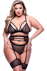 Baci - 3pc strappy bra, garter & panty set black queen