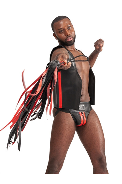 Mister b impact premium leren flogger - zwart - rood - 54 cm - afbeelding 2