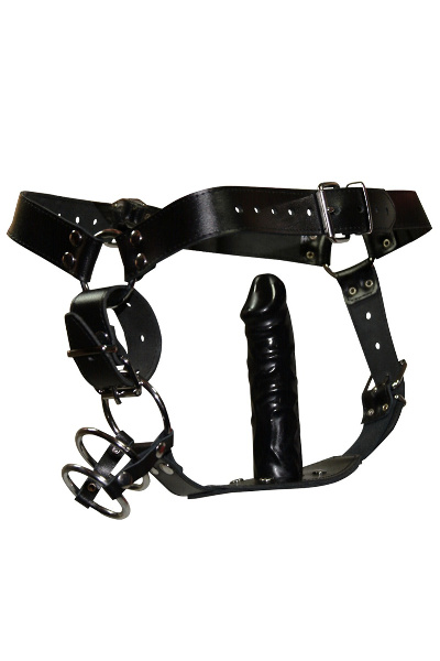 Lederen string met cockring en dildo